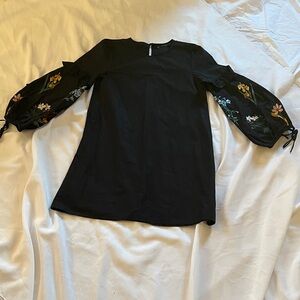 Zara Black Dress with Floral Embroidered Sleeves